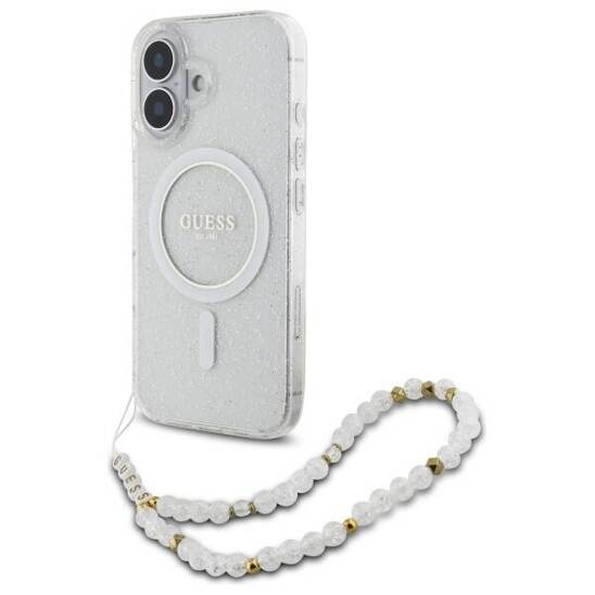 Original Case IPHONE 16 Guess Hardcase IML Glitter With Pearl Strap MagSafe (GUHMP16SHGCRELST) transparent