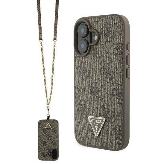 Original Case IPHONE 16 Guess Hardcase Leather Metal Logo Strass Crossbody + Smycz (GUHCP16SP4TDSCPW) brown