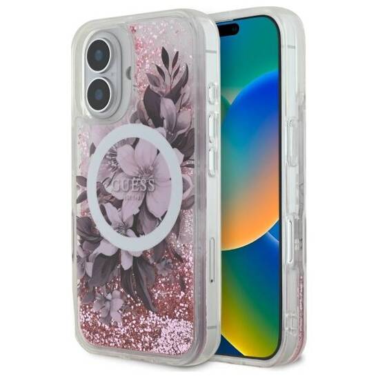 Original Case IPHONE 16 Guess Hardcase Liquid Glitter Flower MagSafe (GUHMP16SLFMWTP) pink