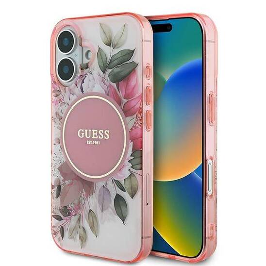 Original Case IPHONE 16 PLUS Guess Hardcase IML Flower & Tonal Circle MagSafe (GUHMP16MHFWBDCEP) pink