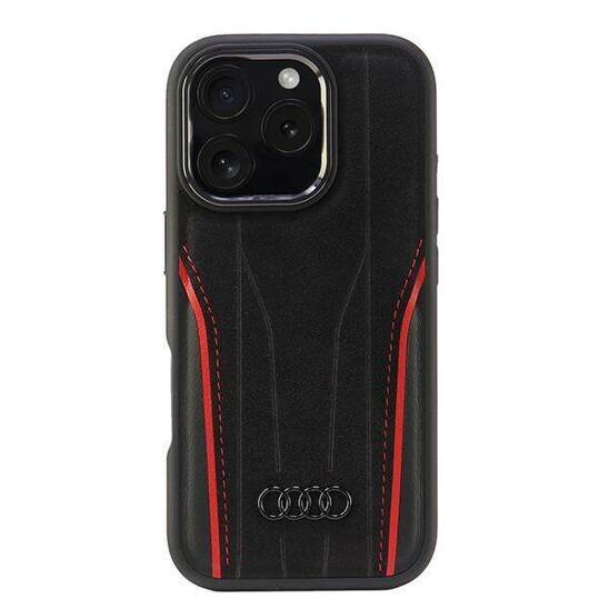 Original Case IPHONE 16 PRO Audi Genuine Leather MagSafe Hardcase (AU-TPUPCMIP16P-R8/D3-RD) black & red