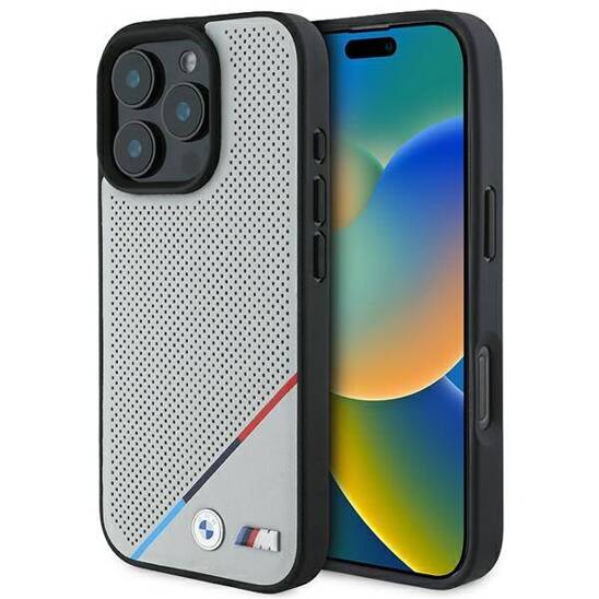 Original Case IPHONE 16 PRO BMW Hardcase M Perforated Tricolor Line MagSafe (BMHMP16L23PUPDG) gray