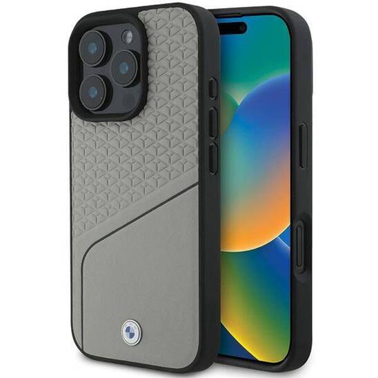 Original Case IPHONE 16 PRO BMW Hardcase Signature Leather Textured & Line MagSafe (BMHMP16L23RDCLG) gray