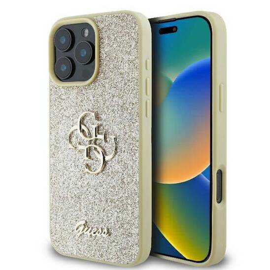 Original Case IPHONE 16 PRO Guess Hardcase Fixed Glitter Big 4G (GUHCP16LHG4SGD) gold