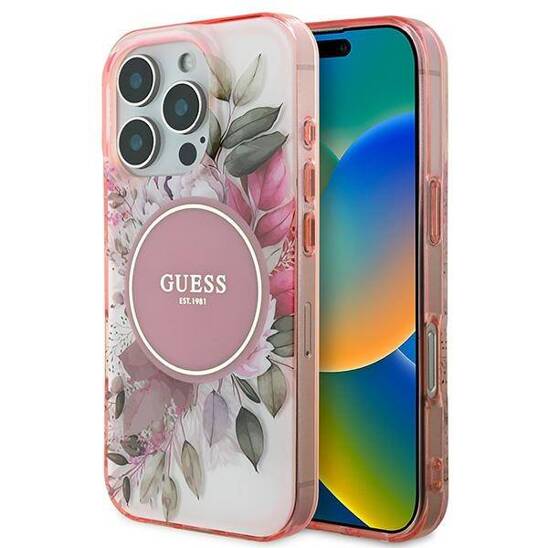 Original Case IPHONE 16 PRO Guess Hardcase IML Flower & Tonal Circle MagSafe (GUHMP16LHFWBDCEP) pink