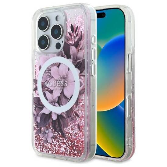 Original Case IPHONE 16 PRO Guess Hardcase Liquid Glitter Flower MagSafe (GUHMP16LLFMWTP) pink