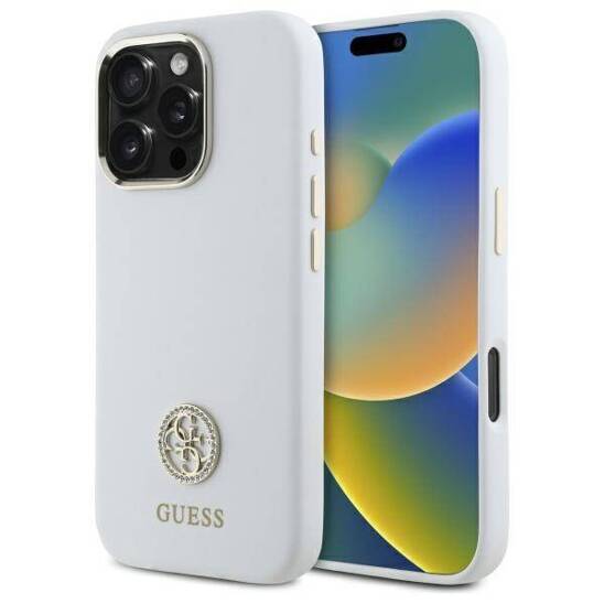 Original Case IPHONE 16 PRO Guess Hardcase Silicone Logo Strass 4G (GUHCP16LM4DGPH) white