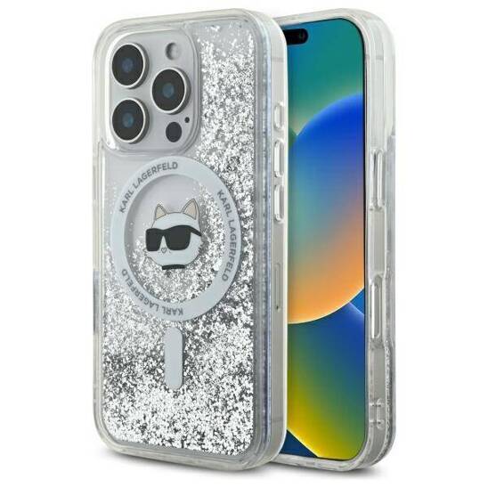 Original Case IPHONE 16 PRO Karl Lagerfeld Hardcase Liquid Glitter Choupette Head MagSafe (KLHMP16LLGCHSGH) transparent