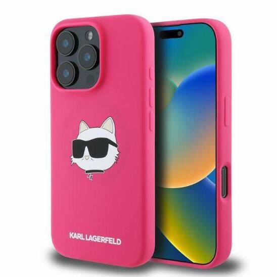 Original Case IPHONE 16 PRO Karl Lagerfeld Hardcase Silicone Choupette Head Print MagSafe (KLHMP16LSCHPPLF) fuchsia