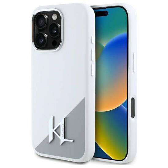 Original Case IPHONE 16 PRO Karl Lagerfeld Hardcase Silicone Shadow Metal Initial MagSafe (KLHMP16LSCMKMPCH) white