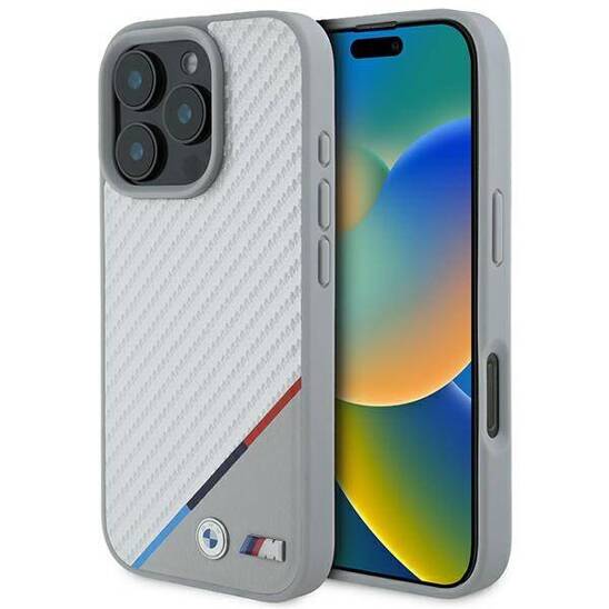 Original Case IPHONE 16 PRO MAX BMW Hardcase M Carbon Tricolor Line MagSafe (BMHMP16X23PUDTS) gray