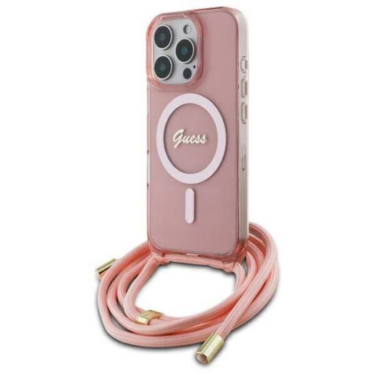 Original Case IPHONE 16 PRO MAX Guess Hardcase Crossbody Cord Script MagSafe (GUHMP16XHCTSGNSP) pink