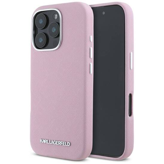 Original Case IPHONE 16 PRO MAX Karl Lagerfeld Saffiano Full Wrapped Elongated Metal Logo MagSafe pink