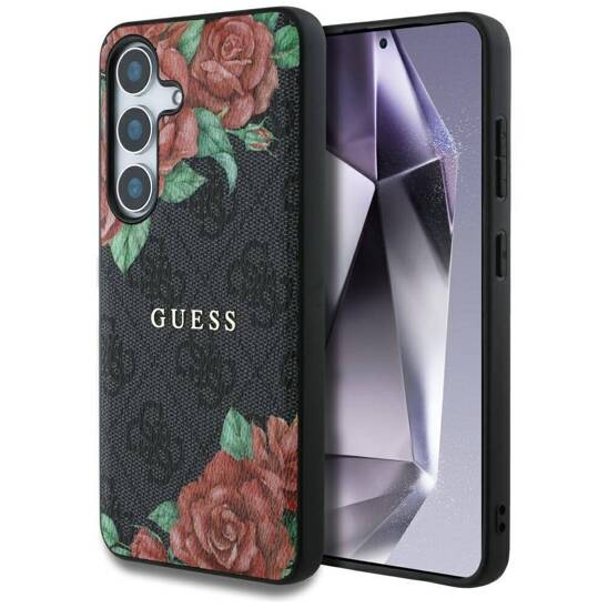 Original Case SAMSUNG GALAXY S25 Guess Leather 4G Flowers Print Metal Classic Logo MagSafe black