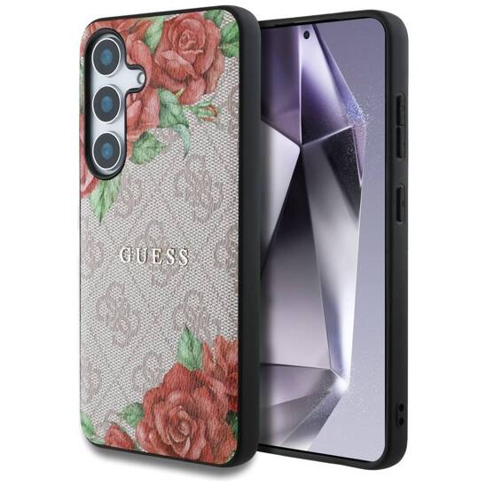 Original Case SAMSUNG GALAXY S25 Guess Leather 4G Flowers Print Metal Classic Logo MagSafe pink