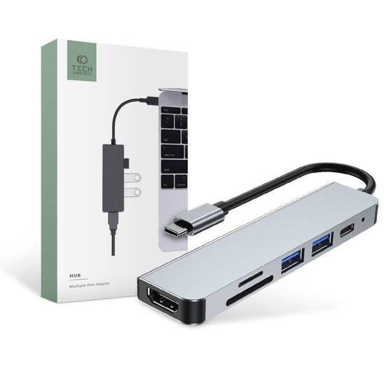 Splitter 6in1 USB HUB USB-C to 2xUSB + HDMI + USB-C + SD Card Reader + micro SD Adapter Tech-Protect V4-HUB grey