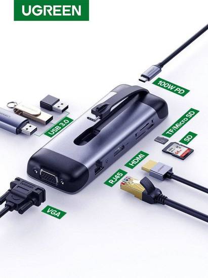 UGREEN CM286 9 az 1-ben adapter USB-C hub HDMI 4K, FHD, VGA, 3x USB 3.0, PD, SD / TF, USB-C (szürke)