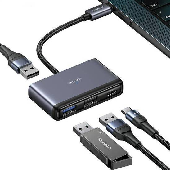 USAMS Adapter HUB 4in1 2xUSB 2.0/USB 3.0/USB-C gray/dark gray SJ627HUB01 (US-SJ627)