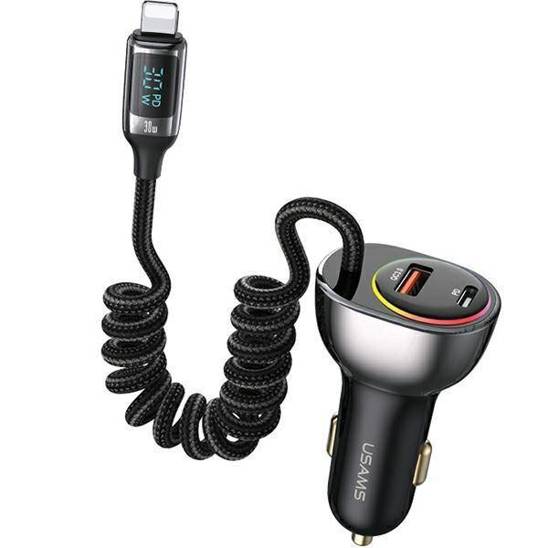 USAMS C37 Car Charger 1xUSB+1xUSB-C 60W + Ligtning cable 30W PD+QC Fast Charge black/black CC193CC01 (US-CC193)