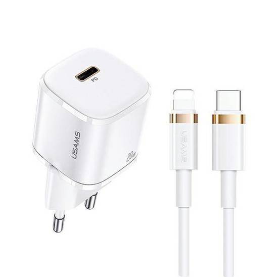 USAMS Lad. network. 1xUSB-C T36 mini 20W + USB-C-Lightning cable white/white PD3.0 Fast Charging XFKXLOGTL02 (US-CC124+US-SJ484)