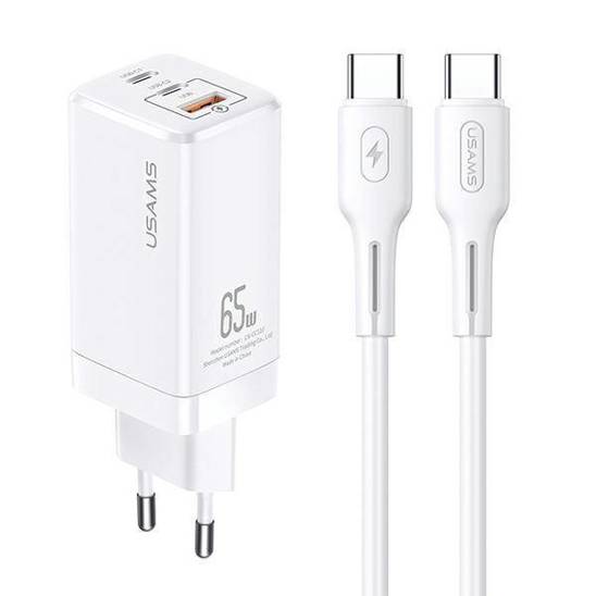 USAMS Lad. network. MT 2xUSB-C+USB GaN 65W T33 PD + USB-C-USB-C cable 100W Fast Charging white/white MTXLOGTC02