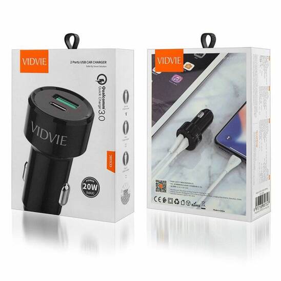 VIDVIE CC518C car charger 1xUSB + 1xType C + iPhone 3A cable, PD20W+QC18W black