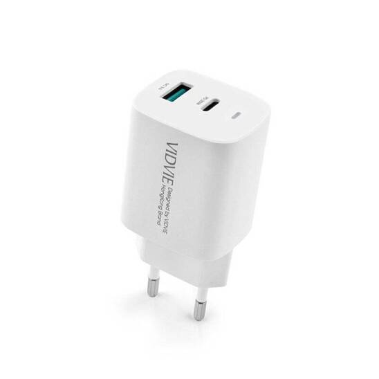 VIDVIE PLE248 mains charger 1xUSB + 1xType C + Type C cable 3A PD 20W white