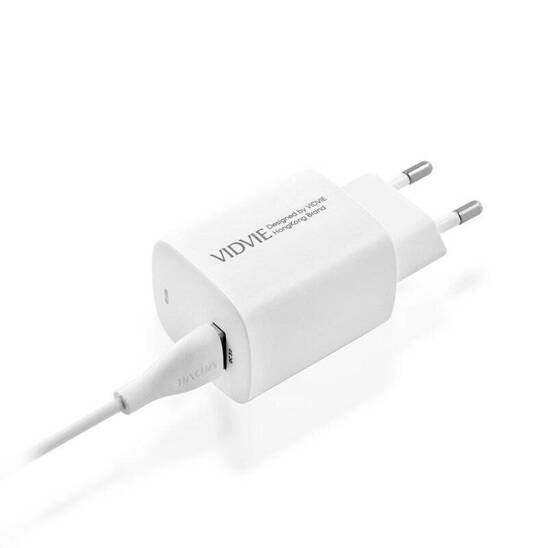 VIDVIE PLE249 mains charger 1xUSB + Type C cable 3A 18W QC 3.0 white