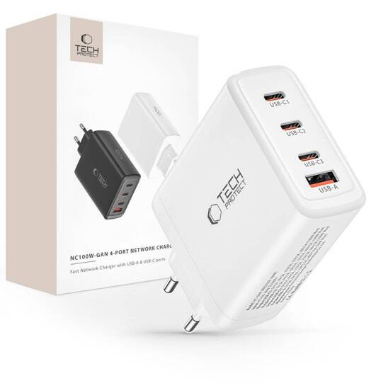 Wall Charger 100W 3x USB-C PD + QC3.0 USB Tech-Protect NC100W-GAN white 