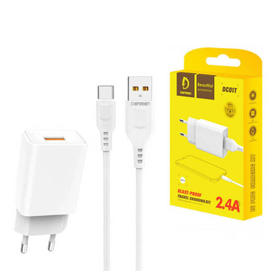 Wall Charger 12W 2.4A + Cable USB - Micro USB-C Denmen DC01 white