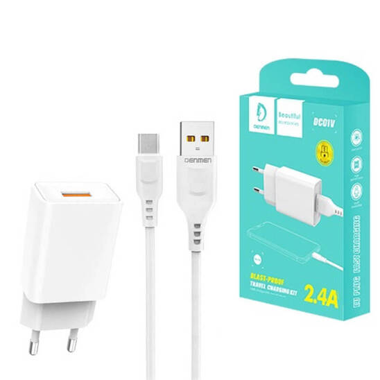 Wall Charger 12W 2.4A + Cable USB - USB-C Denmen DC01 white