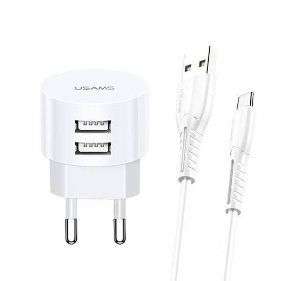 Wall Charger 2.1A 2x USB + USB Cable - USB-C Fast Charging USAMS T20 XTXLOGT18TC05 white