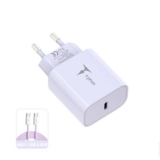 Wall Charger 20W USB-C + Cable 60W USB-C - USB-C T-PHOX Moderate Series T-PP11 lilac