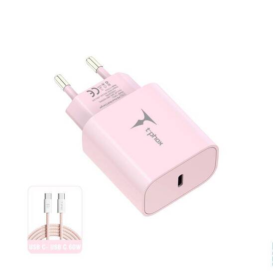 Wall Charger 20W USB-C + Cable 60W USB-C - USB-C T-PHOX Moderate Series T-PP11 pink