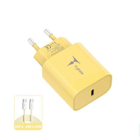 Wall Charger 20W USB-C + Cable 60W USB-C - USB-C T-PHOX Moderate Series T-PP11 yellow