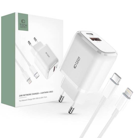 Wall Charger 20W USB-C PD + USB QC3.0 + Cable 1m USB-C - Lightning Tech-Protect C65W white