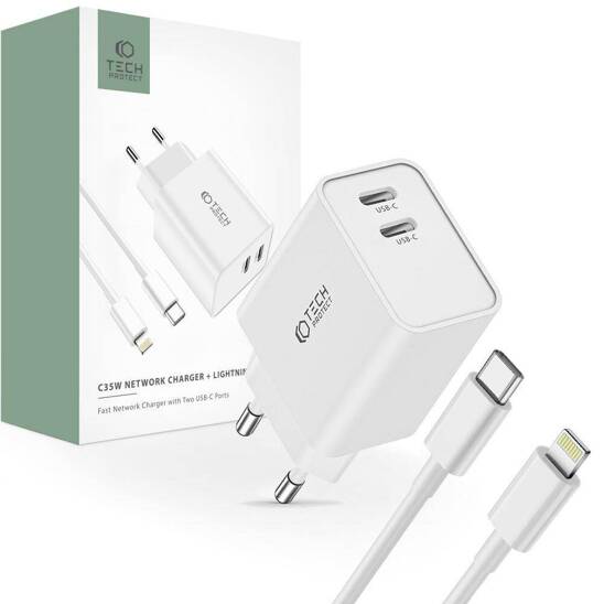 Wall Charger 2x USB-C PD 35W + Cable USB-C - Lightning white
