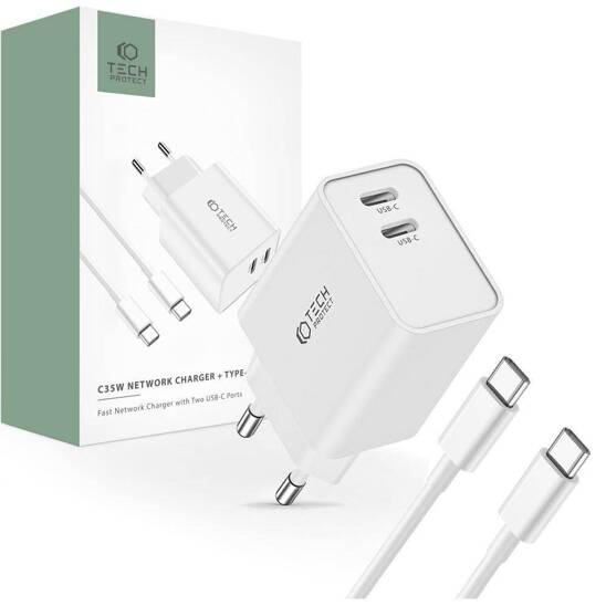 Wall Charger 2x USB-C PD 35W + Cable USB-C - USB-C white