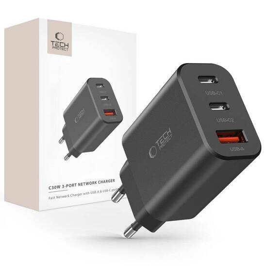 Wall Charger 30W 2x PD USB-C + QC3.0 USB Tech-Protect C30W black