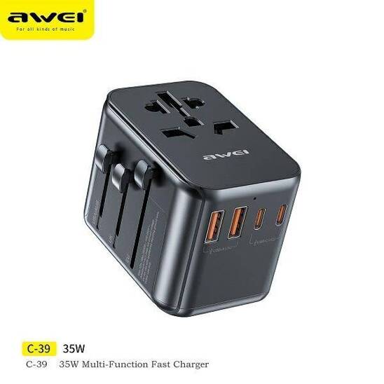 Wall Charger 35W 4in1 Adapter 2xUSB+3xUSB-C AWEI C-39 US/AU/EU/UK Univesal Travel GaN Charger black