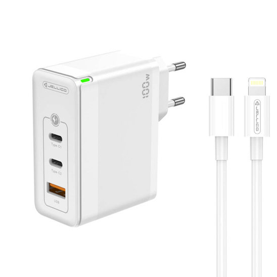 Wall Charger GaN 100W 1x QC3.0 USB + 2x PD USB-C Jellico C118 + Cable USB-C - Lightning white