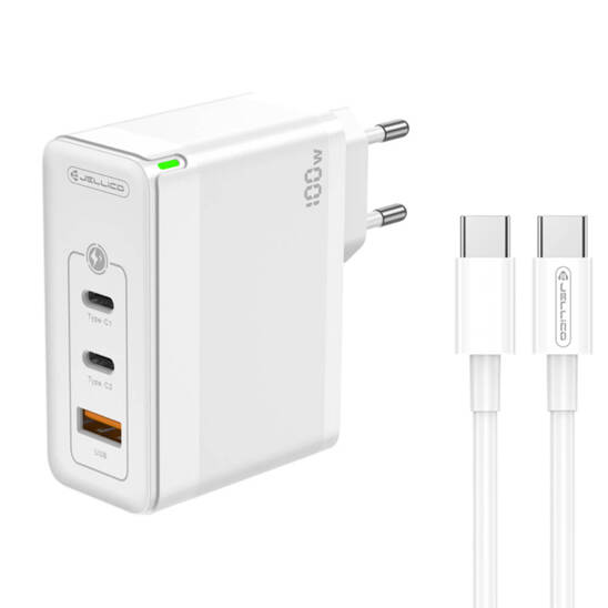 Wall Charger GaN 100W 1x QC3.0 USB + 2x PD USB-C Jellico C118 + Cable USB-C - USB-C white