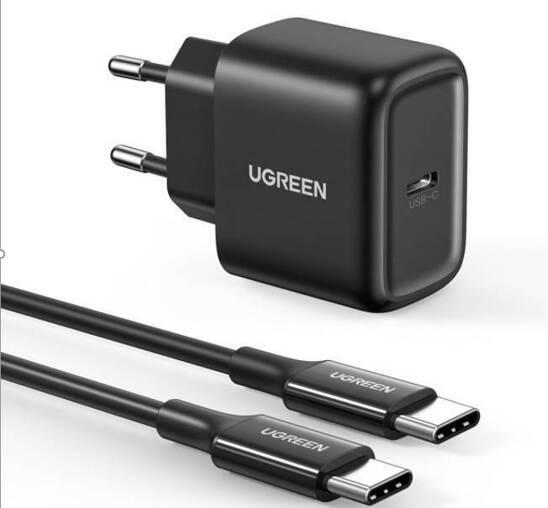 Wall charger UGREEN CD250, 25W, USB-C (black) + USB-C to USB-C cable, 2m (black)