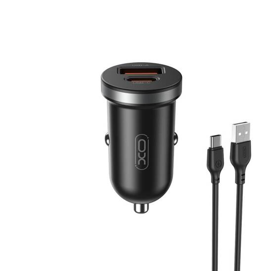 XO CC56 car charger, 1x USB, 1x USB-C, 30W + USB-C cable black