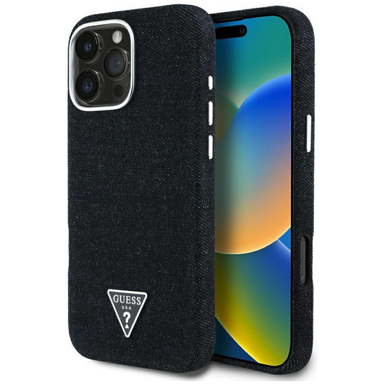 Oryginalne Etui IPHONE 16 PRO Guess Denim Triangle Logo MagSafe czarne