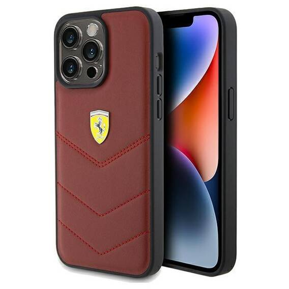 Original Case APPLE IPHONE 15 PRO MAX Ferrari Hardcase Leather Stitched Lines (FEHCP15XRDUR) red