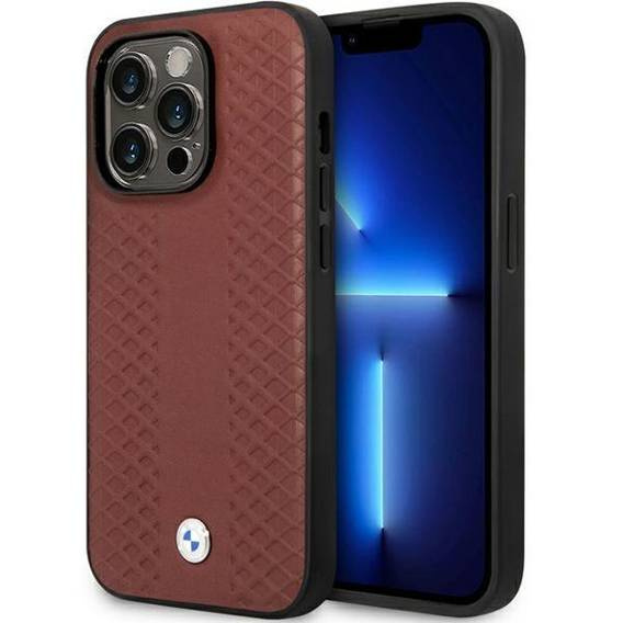 Original Case IPHONE 14 PRO BMW Leather Diamond Pattern (BMHCP14L22RFGR) burgundy