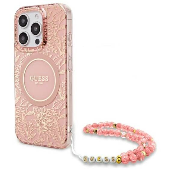 Oryginalne Etui IPHONE 16 PRO Guess Hardcase IML Flowers Allover Electro With Pearl Strap MagSafe różowe