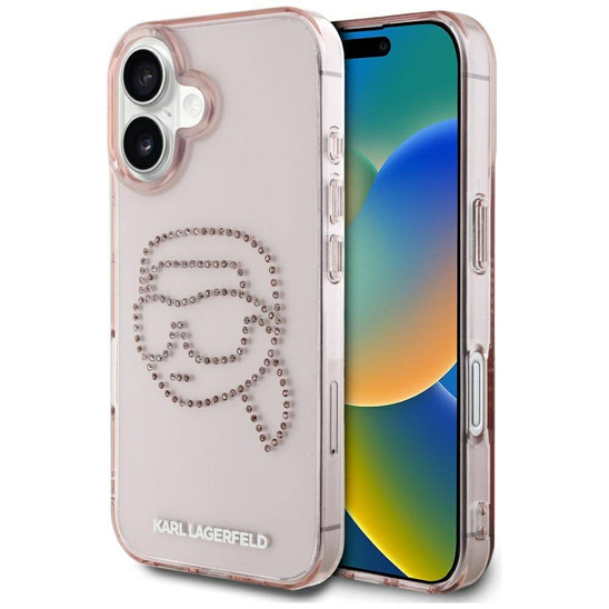 Oryginalne Etui IPHONE 16 Karl Lagerfeld Hardcase IML Rhinestones Karl Head różowe