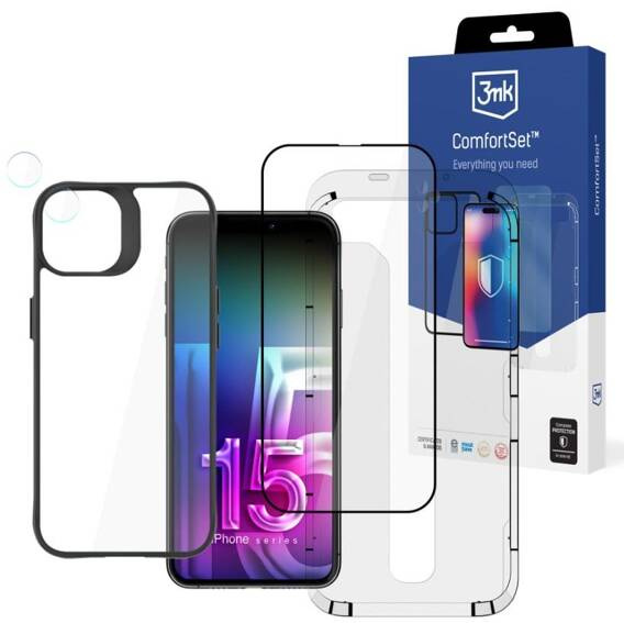 Case + Tempered Glass APPLE IPHONE 15 3MK Comfort Set 4in1 transparent